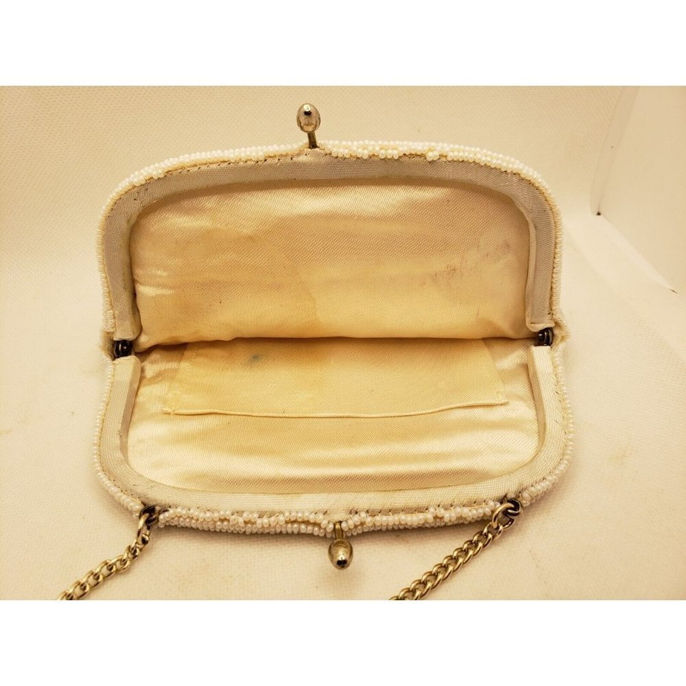 Richere White Beaded Evening Bag Seed Pearls Beads Gold Chain Clutch Purse Japan - Picture 6 of 10